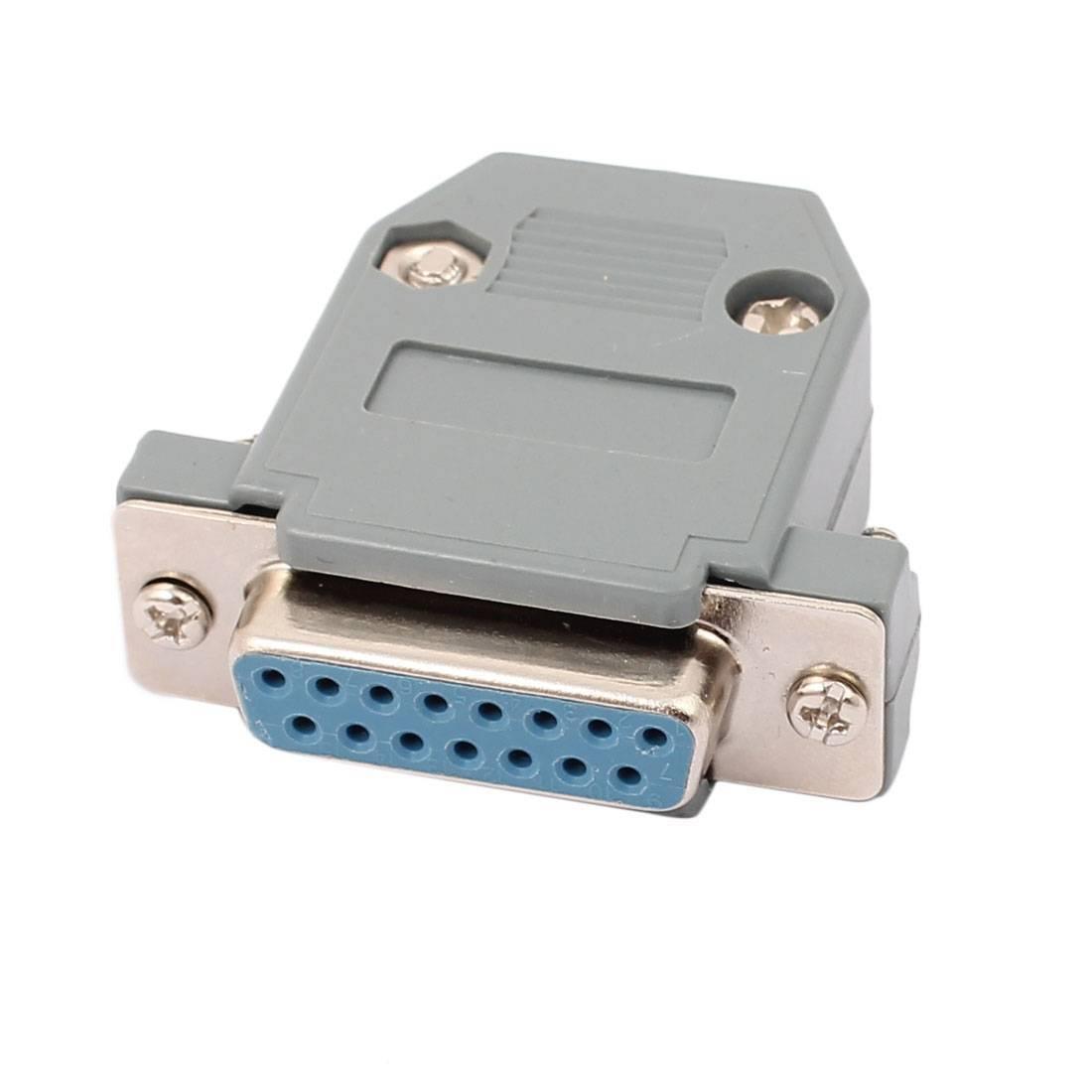 DB15 15 Pins 2 Rows Female Converter Connector Adapter w Cover Housing Assembly - with a grey plastic housing cover, showing the blue female port and metal mounting plate with screws.