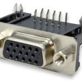 DB15 Female Right Angle Connector 0.318 dB 15SR PCB Mounting 15 Pin 3 Rows Connector - a black and silver 15-pin D-sub connector with a right-angle PCB mounting design and two threaded metal mounting posts.
