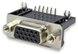 DB15 Female Right Angle Connector 0.318 dB 15SR PCB Mounting 15 Pin 3 Rows Connector - a black and silver 15-pin D-sub connector with a right-angle PCB mounting design and two threaded metal mounting posts.