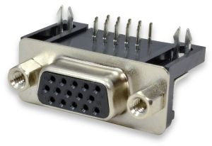 DB15 Female Right Angle Connector 0.318 dB 15SR PCB Mounting 15 Pin 3 Rows Connector - a black and silver 15-pin D-sub connector with a right-angle PCB mounting design and two threaded metal mounting posts.