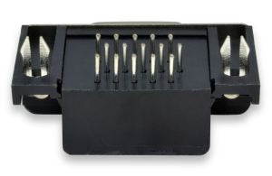 DB15 Female Right Angle Connector 0.318 dB 15SR PCB Mounting 15 Pin 3 Rows Connector - a black 15-pin electronic component with three rows of pins and two metal mounting brackets on the sides.