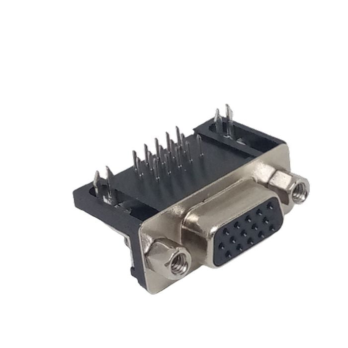 DB15 Female Right Angle Connector d Sub High Density PCB Mounting 15 Pin 3 Rows Connector Dbhd 15 - a black and silver 15-pin D-sub high-density connector with three rows of pins designed for PCB mounting.