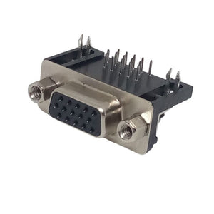 DB15 Female Right Angle Connector d Sub High Density PCB Mounting 15 Pin 3 Rows Connector Dbhd 15 - a black and silver 15-pin high-density D-sub connector with three rows of pins and two threaded mounting holes.