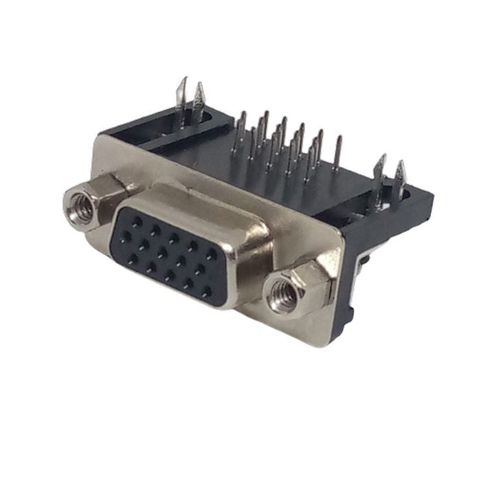 DB15 Female Right Angle Connector d Sub High Density PCB Mounting 15 Pin 3 Rows Connector Dbhd 15 - a black and silver 15-pin high-density D-sub connector with three rows of pins and two threaded mounting holes.