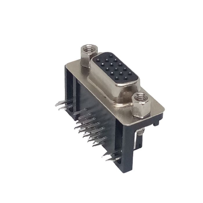 DB15 Female Right Angle Connector d Sub High Density PCB Mounting 15 Pin 3 Rows Connector Dbhd 15 - a silver and black 15-pin D-sub high-density component with three rows of pins and two mounting nuts.
