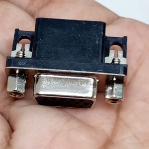 DB15 Female Right Angle Connector d Sub High Density PCB Mounting 15 Pin 3 Rows Connector Dbhd 15 - a black and silver 15-pin D-sub connector with metal mounting brackets held in a hand.