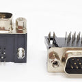DB15 Male Right Angle Connector d Sub High Density PCB Mounting 15 Pin 3 Rows Connector Dbhd 15 - two black and silver 15-pin high-density D-sub connectors with PCB mounting pins viewed from different angles.