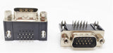DB15 Male Right Angle Connector d Sub High Density PCB Mounting 15 Pin 3 Rows Connector Dbhd 15 - two black and silver 15-pin high-density D-sub connectors with PCB mounting pins viewed from different angles.