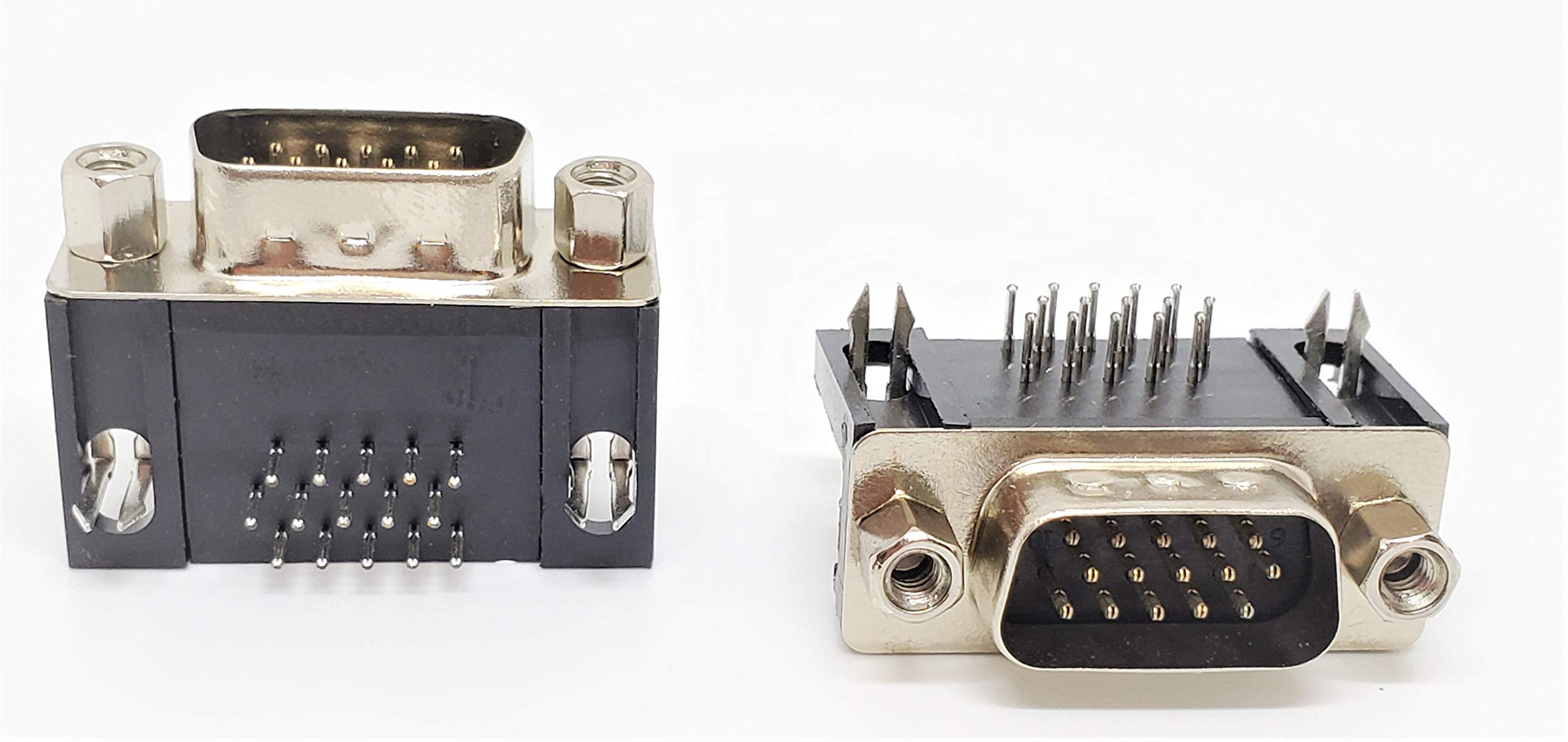 DB15 Male Right Angle Connector d Sub High Density PCB Mounting 15 Pin 3 Rows Connector Dbhd 15 - two black and silver 15-pin high-density D-sub connectors with PCB mounting pins viewed from different angles.