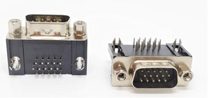 DB15 Male Right Angle Connector d Sub High Density PCB Mounting 15 Pin 3 Rows Connector Dbhd 15 - two black and silver 15-pin high-density D-sub connectors with PCB mounting pins viewed from different angles.