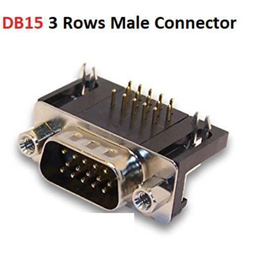 DB15 Male Right Angle Connector d Sub High Density PCB Mounting 15 Pin 3 Rows Connector Dbhd 15 - a black and silver high-density D-sub connector with 15 pins arranged in three rows and right-angle PCB mounting pins.