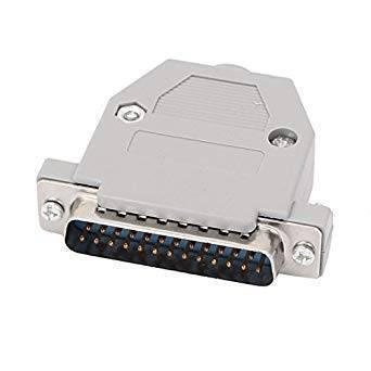 DB25 Connector 25 Pin Male Connector - shown as a grey plastic-housed male D-sub connector with 25 visible pins and two mounting screws.