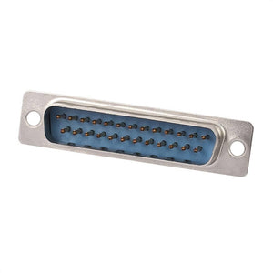 DB25 Connector 25 Pin Male Connector - a silver metal housing with a blue plastic insert containing two rows of 25 gold-plated pins.