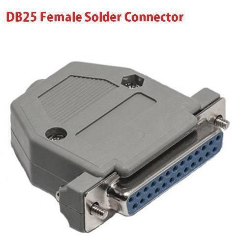 DB25 Female Solder D-sub Connector - a grey plastic housing with a blue 25-pin female D-sub connector and two metal mounting screws.