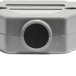 DB25 Female Solder D-sub Connector - shown in a close-up view of the grey plastic backshell housing, highlighting the circular cable entry port.