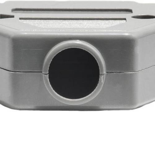 DB25 Female Solder D-sub Connector - shown in a close-up view of the grey plastic backshell housing, highlighting the circular cable entry port.