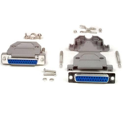 DB25 Female Solder D-sub Connector - shown as a disassembled kit with two grey plastic shells, two blue 25-pin connectors, metal cable clamps, and screws.