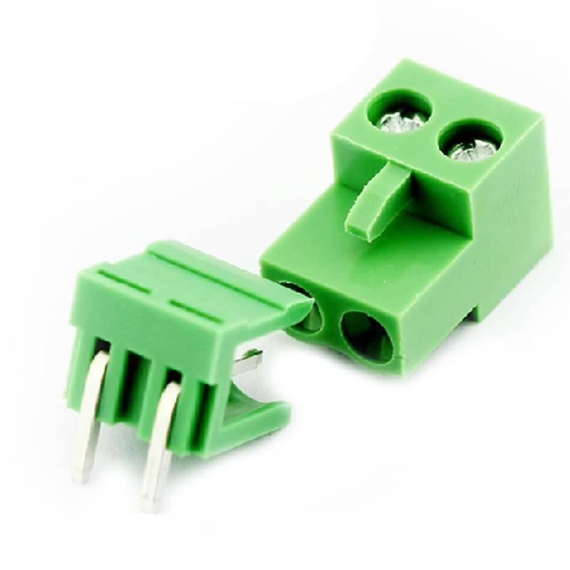 Db2ek-5.08 / Kf2edg 5.08mm Pitch 2 Pin Connector PCB Mount Right Angle, Bent Screw Terminal - a green two-part pluggable screw terminal block with metal pins and screw ports separated on a white background.