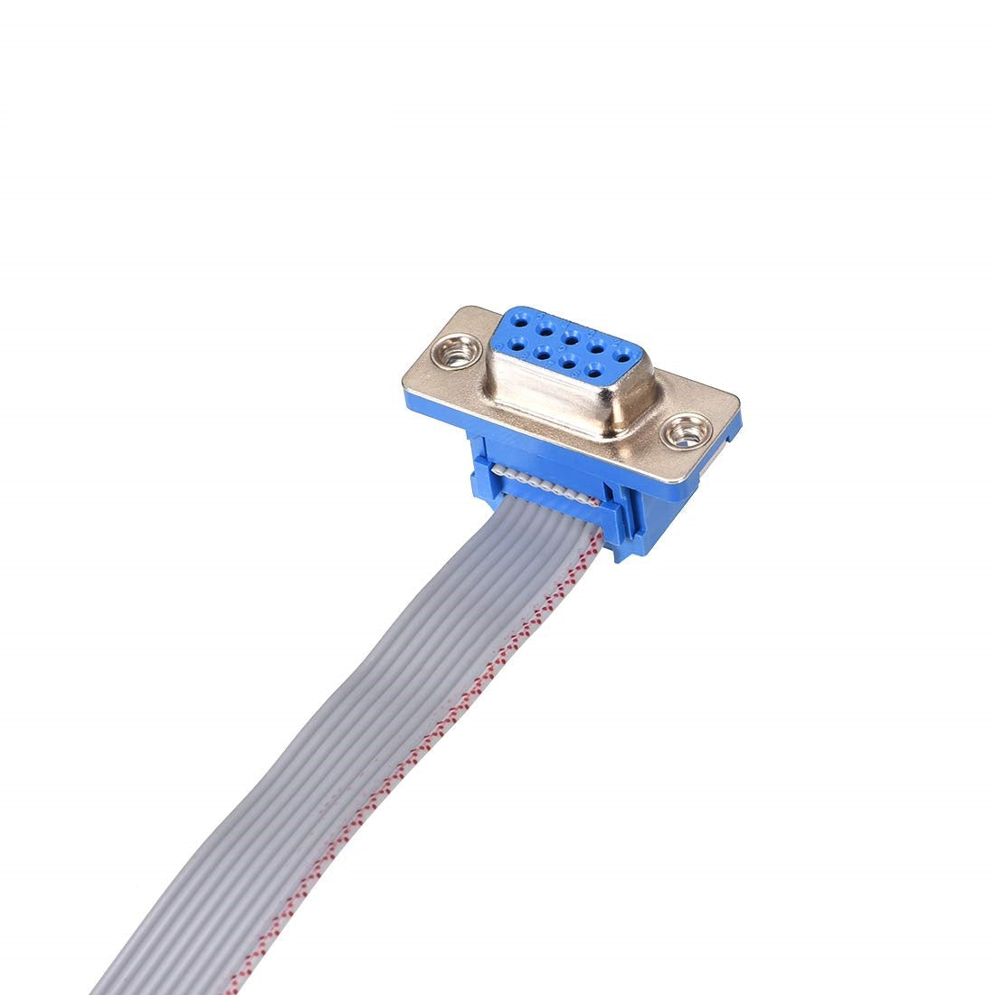 DB9 Female Connectors With 1 Meter Wire - a blue DB9 female connector attached to a grey ribbon cable against a white background.