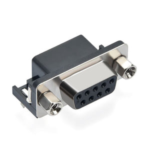 DB9 Female Right Angle Connector - shown as a black and silver metal 9-pin connector with two threaded mounting nuts on a white background.