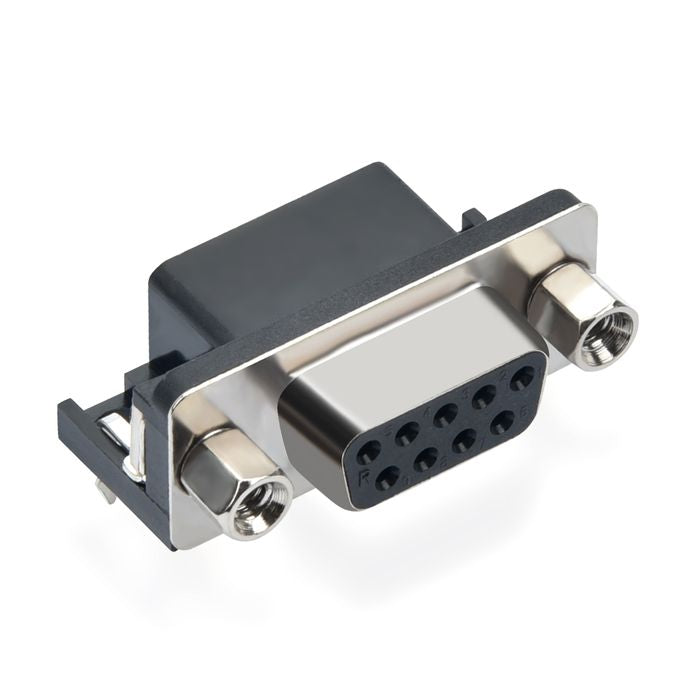DB9 Female Right Angle Connector - shown as a black and silver metal 9-pin connector with two threaded mounting nuts on a white background.