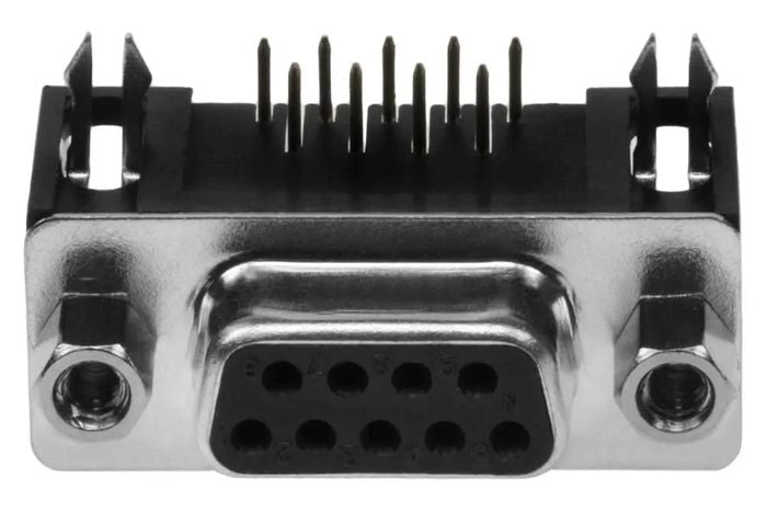 DB9 Female Right Angle Connector - shown in a close-up view, featuring a silver metal shell, a black plastic port with nine holes, and vertical pins.