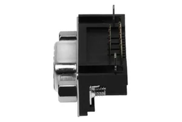 DB9 Female Right Angle Connector - shown from a side profile view featuring a silver metal connector housing attached to a black plastic base with pins.