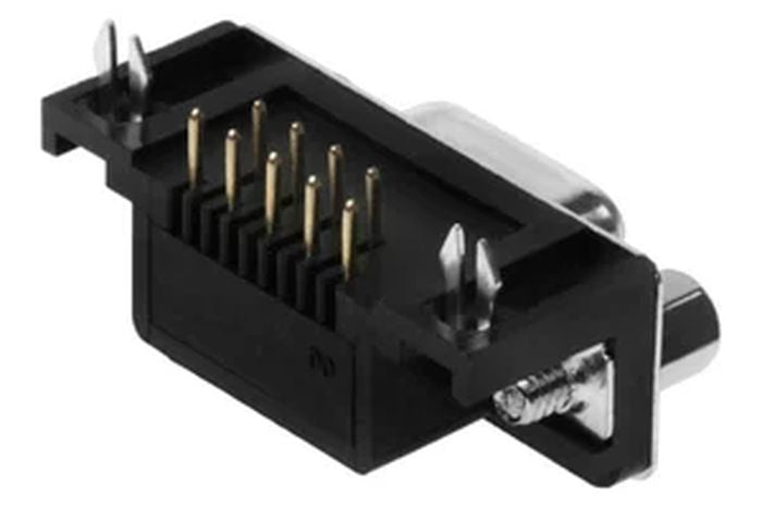 DB9 Female Right Angle Connector - shown in black plastic with gold-plated pins and metal mounting brackets in a side-angle view.
