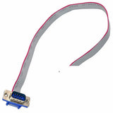 DB9 Male Connectors With 1 Meter Wire - a grey ribbon cable with a red edge stripe attached to a blue and silver 9-pin male DB9 connector.