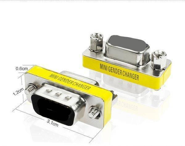 DB9 Male/male Changer Converter - shown as two silver and yellow metal connectors with dimension labels in a product shot.