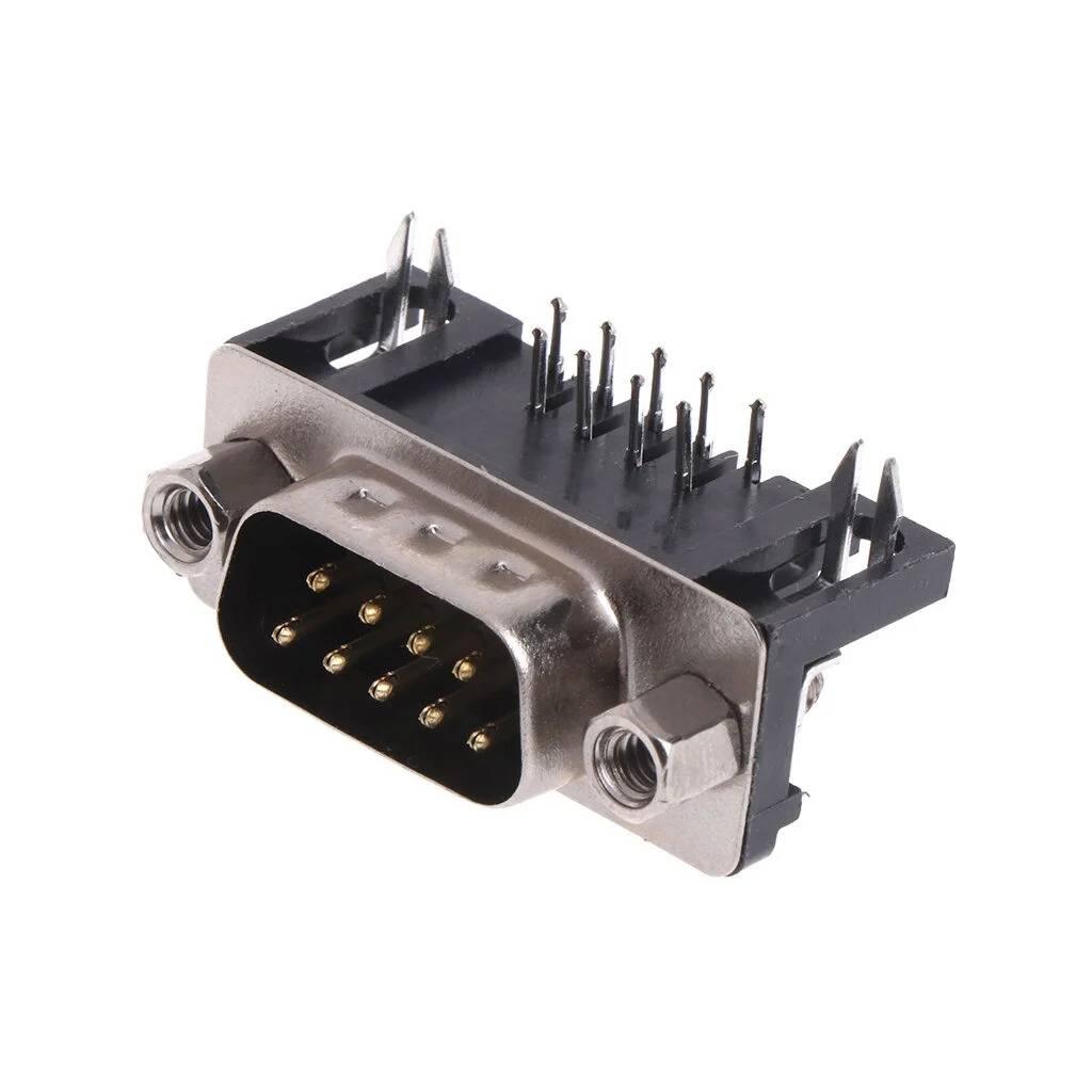 DB9 Male Right Angle Connector - shown as a silver and black metal component with nine gold-plated pins and two threaded mounting holes.
