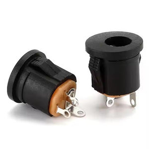 DC-022 DC Power Female Jack Connector 5.5mm X 2.1mm DC Socket Charging Interface Panel Mount Connector DC Snap Socket - two black panel-mount DC sockets with metal terminals and a brown base, isolated on a white background.