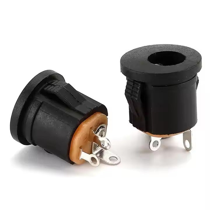 DC-022 DC Power Female Jack Connector 5.5mm X 2.1mm DC Socket Charging Interface Panel Mount Connector DC Snap Socket - two black panel-mount DC sockets with metal terminals and a brown base, isolated on a white background.