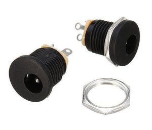 DC-022 DC Power Jack PCB Mount Female Connector 3 Pin With Nut 5.5mm x 2.1mm - two black cylindrical DC power jacks with metal pins and a separate silver hexagonal nut.