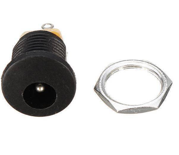 DC-022 DC Power Jack PCB Mount Female Connector 3 Pin With Nut 5.5mm x 2.1mm - shown as a black barrel-style jack with a central pin and a separate silver-coloured metal hex nut.