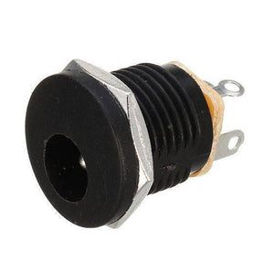 DC-022 DC Power Jack PCB Mount Female Connector 3 Pin With Nut 5.5mm x 2.1mm - a black cylindrical female connector with a metal nut, showing the front port opening and two metal pins on the back.