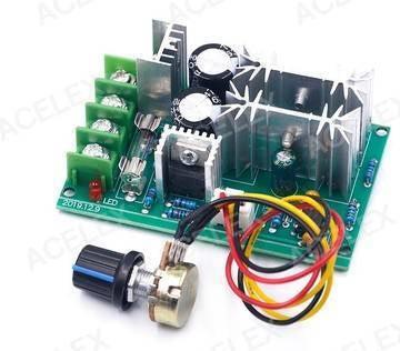 DC 10-60V 20A PWM Universal Motor Speed Controller Regulator - with a green circuit board, heat sinks, a fuse, a red LED, and a wired rotary knob.
