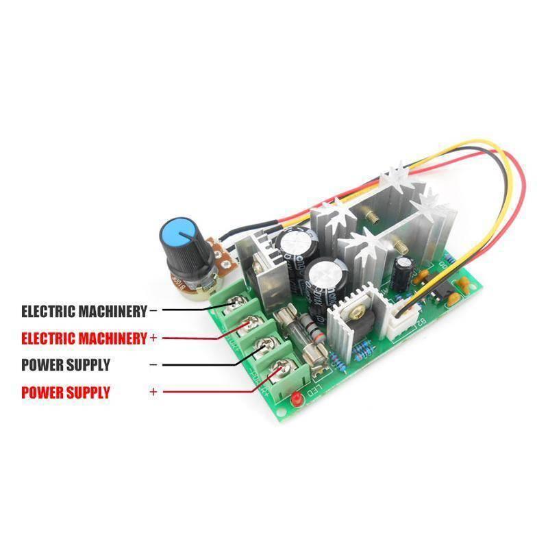 DC 10-60V 20A PWM Universal Motor Speed Controller Regulator - a green circuit board with a black knob, heatsinks, capacitors, and labeled screw terminals.