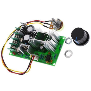 DC 10-60V 20A PWM Universal Motor Speed Controller Regulator - with a green circuit board, heat sinks, capacitors, a wired potentiometer, a knob, a nut, and a washer.