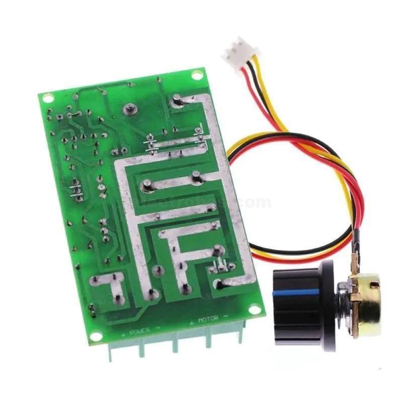 DC 10-60V 20A PWM Universal Motor Speed Controller Regulator - a green circuit board with a knob connected by three wires and a white connector.