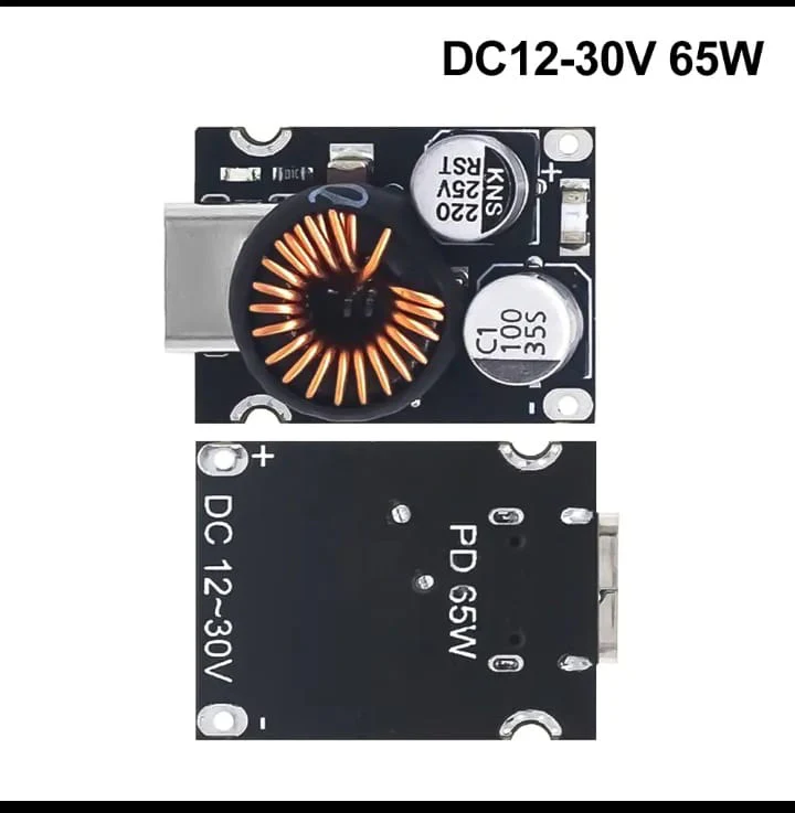 DC 12-30V 65W PD Fast Charging Module - shown from top and bottom views, featuring a USB-C port, a circular inductor, and two cylindrical capacitors.