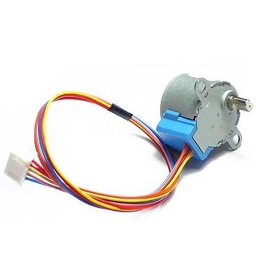 DC 12V 4 Phase Hq Gear Stepper Motor 28BYJ-48 - a silver cylindrical motor with a blue plastic base, a metal shaft, and a multi-colored wire harness.