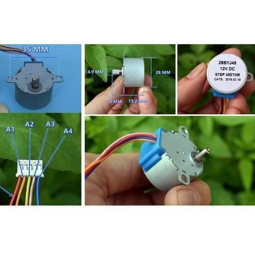 DC 12V 4 Phase Hq Gear Stepper Motor 28BYJ-48 - shown in a multi-panel image displaying its dimensions, wiring connector, and label specifications.