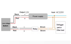 DC 12V Mini Relay Controller For Mirror Defogging Film Anti-fog Lamp On-off Control High Power 500W Contact Load - connections between a power supply, low voltage switch, relay, and a defogger pad load.