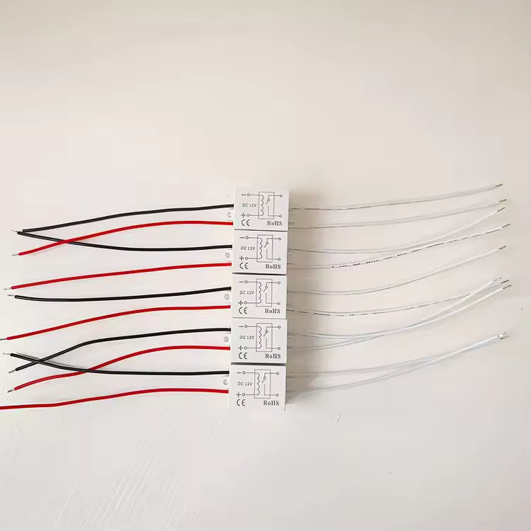 DC 12V Mini Relay Controller For Mirror Defogging Film Anti-fog Lamp On-off Control High Power 500W Contact Load - five white rectangular relay modules with red, black, and white wires arranged in a vertical row on a white background.