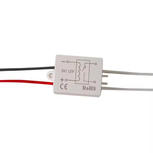 DC 12V Mini Relay Controller For Mirror Defogging Film Anti-fog Lamp On-off Control High Power 500W Contact Load - a white rectangular module with a printed circuit diagram, red and black input wires, and two white output wires.