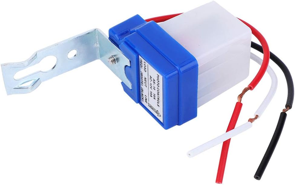 DC 12V Photocell Sun Switch Automatic On/off Light Control Sensor Switch 10A Day Night Sensor Switch For Lights - with a blue and white casing, metal mounting bracket, and three exposed red, white, and black wire leads.