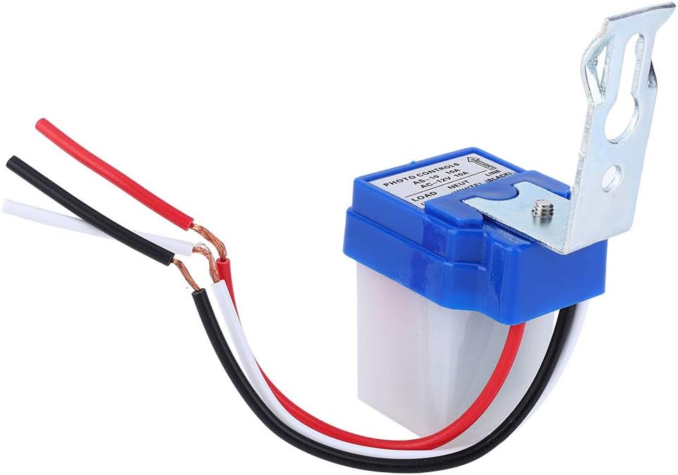 DC 12V Photocell Sun Switch Automatic On/off Light Control Sensor Switch 10A Day Night Sensor Switch For Lights - with a blue top, white base, metal mounting bracket, and three exposed wire leads colored red, white, and black.