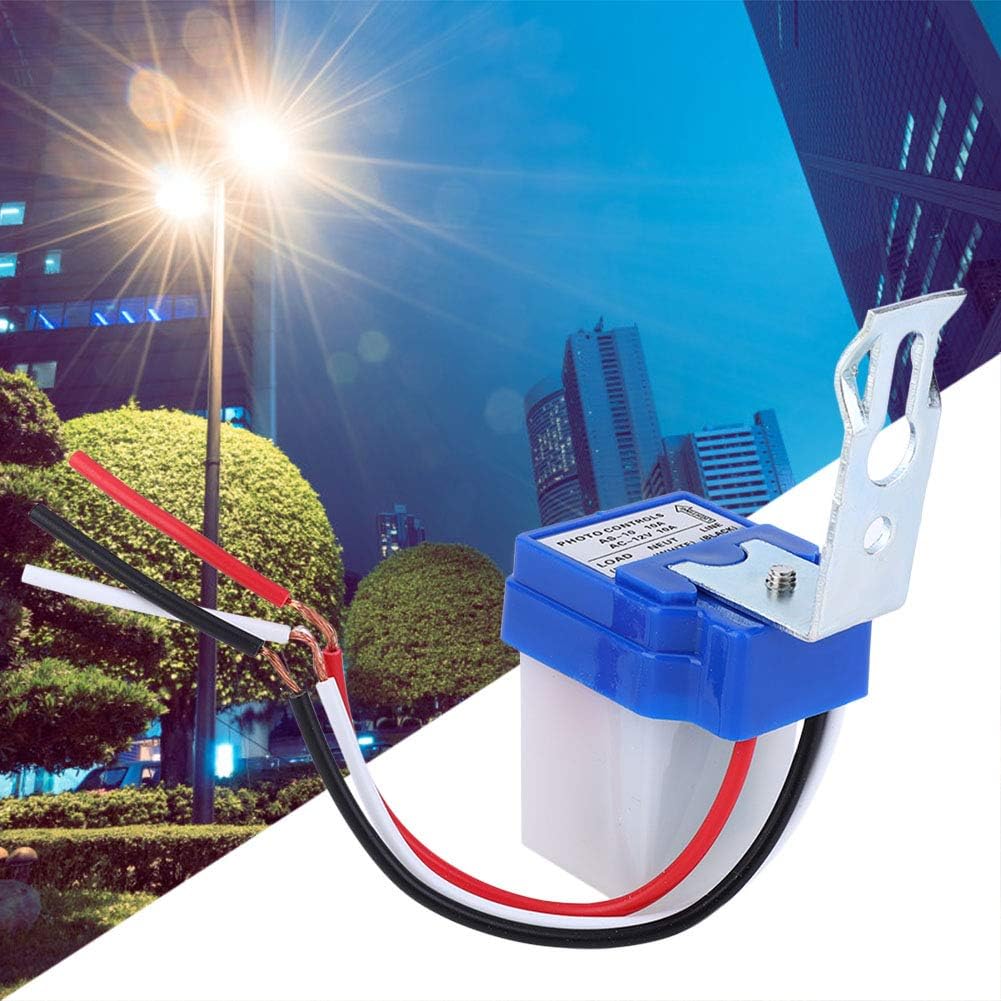 DC 12V Photocell Sun Switch Automatic On/off Light Control Sensor Switch 10A Day Night Sensor Switch For Lights - a blue and white light sensor with a metal mounting bracket and three exposed red, black, and white wire leads.