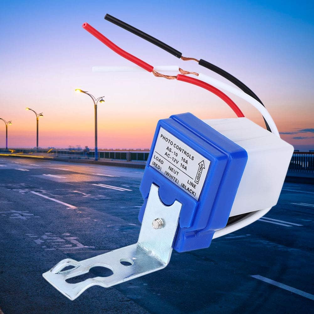 DC 12V Photocell Sun Switch Automatic On/off Light Control Sensor Switch 10A Day Night Sensor Switch For Lights - a blue and white sensor with a metal mounting bracket and three colored wires labeled Load, Neut, and Line.